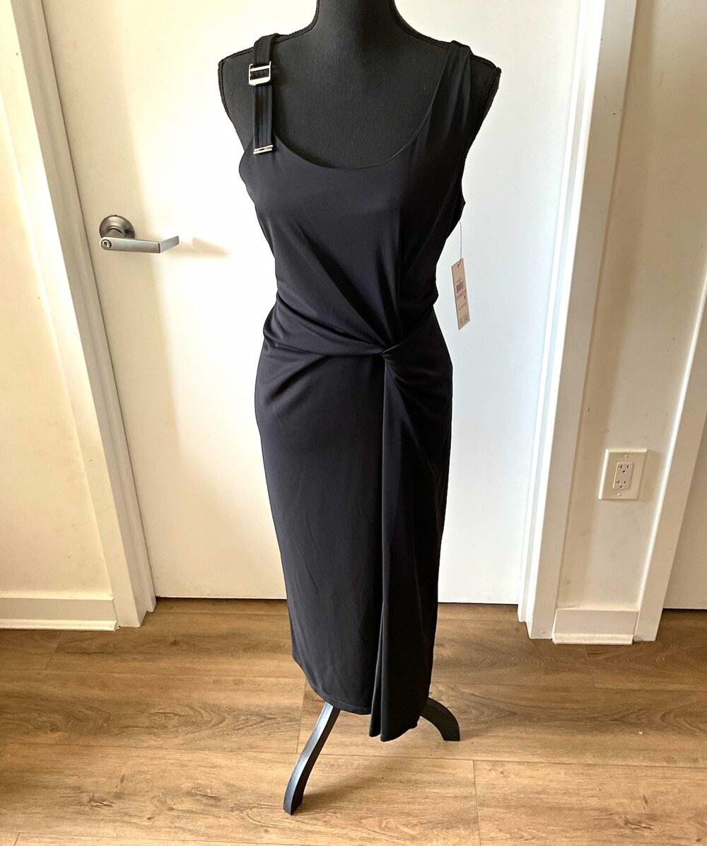 DKNY Black Scoop Neck Sleeveless Sheath Midi Dress 6 Knit Stretch Buckle Zip